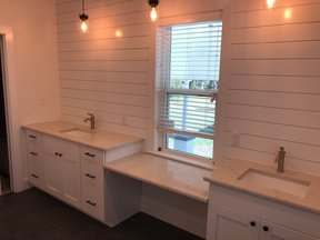 New bathroom vanity, lights and wall treatment